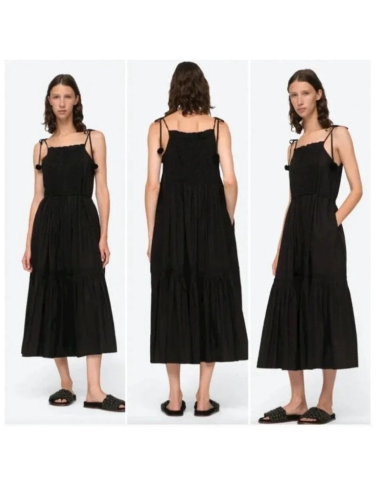 Sea New York Willa Smocked Sleevelessmidi Dress Tie Tiered Ruffle Black Cotton M